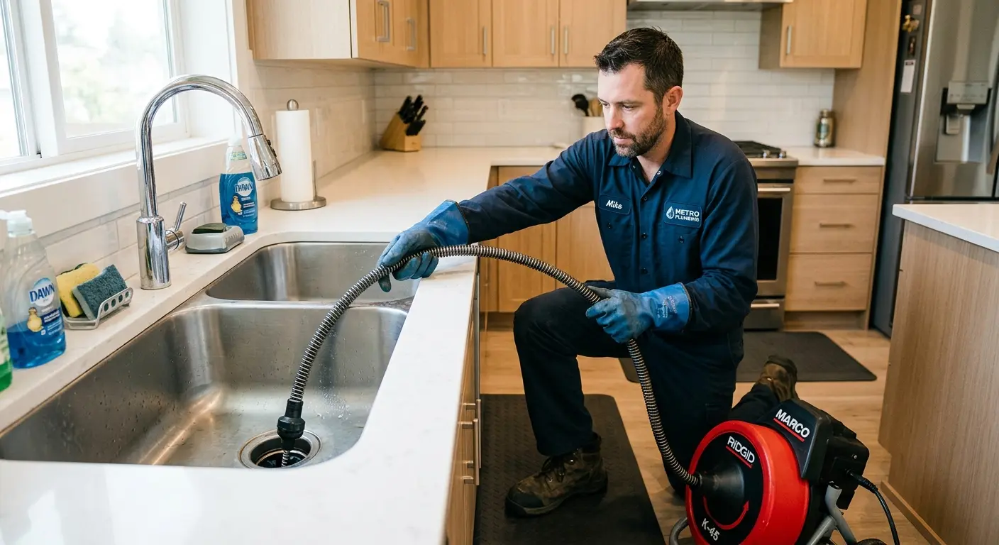 Drain cleaning technician using a motorized snake on a kitchen sink in Goshen