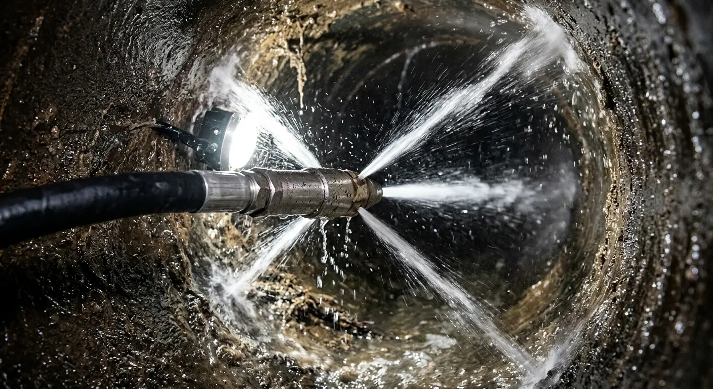 High-pressure hydro jetting nozzle cleaning sewer pipe for Emergency Drain Service in Goshen