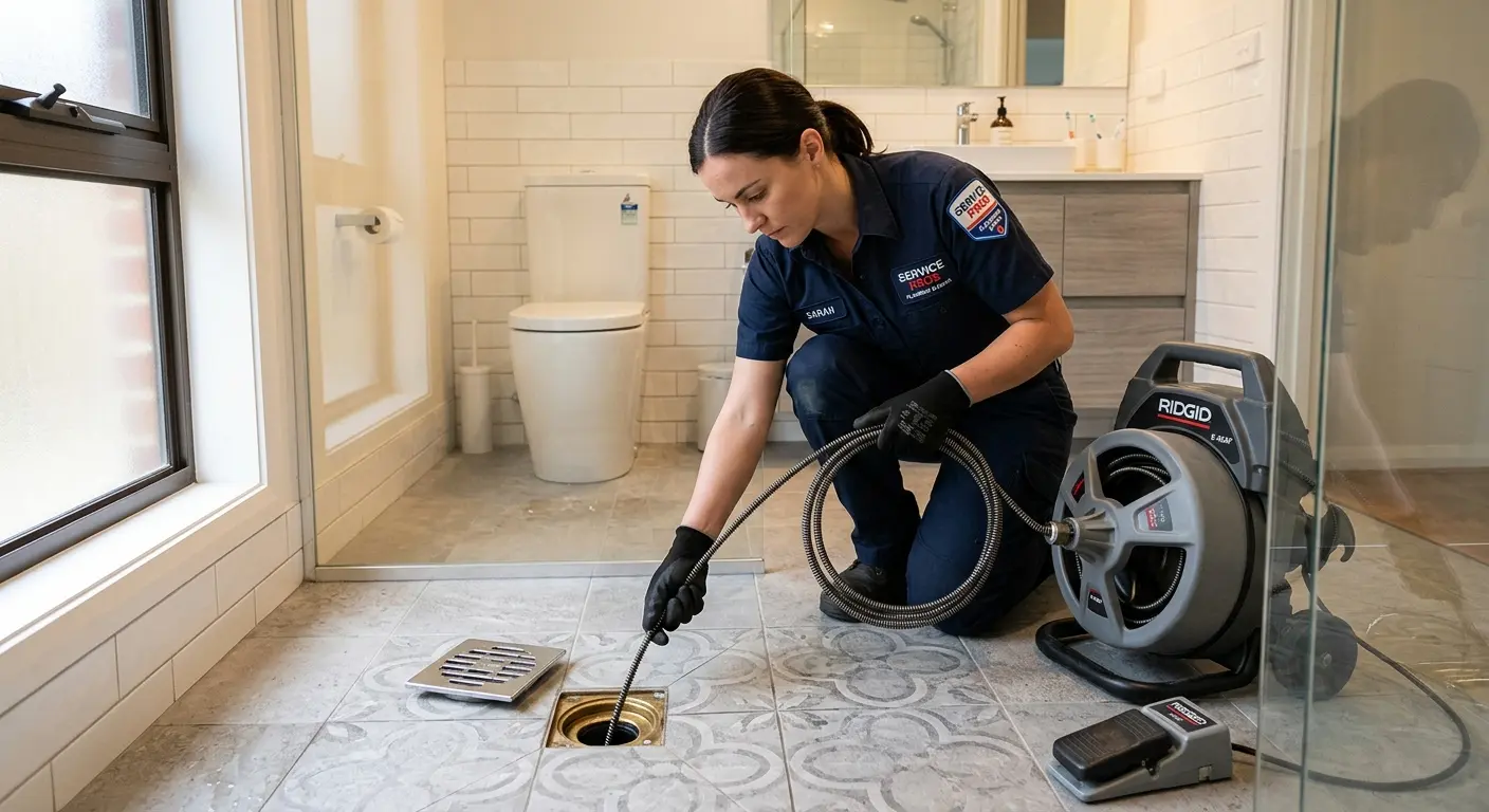 Technician clearing a bathroom floor drain for Sewer Line Installation in Goshen